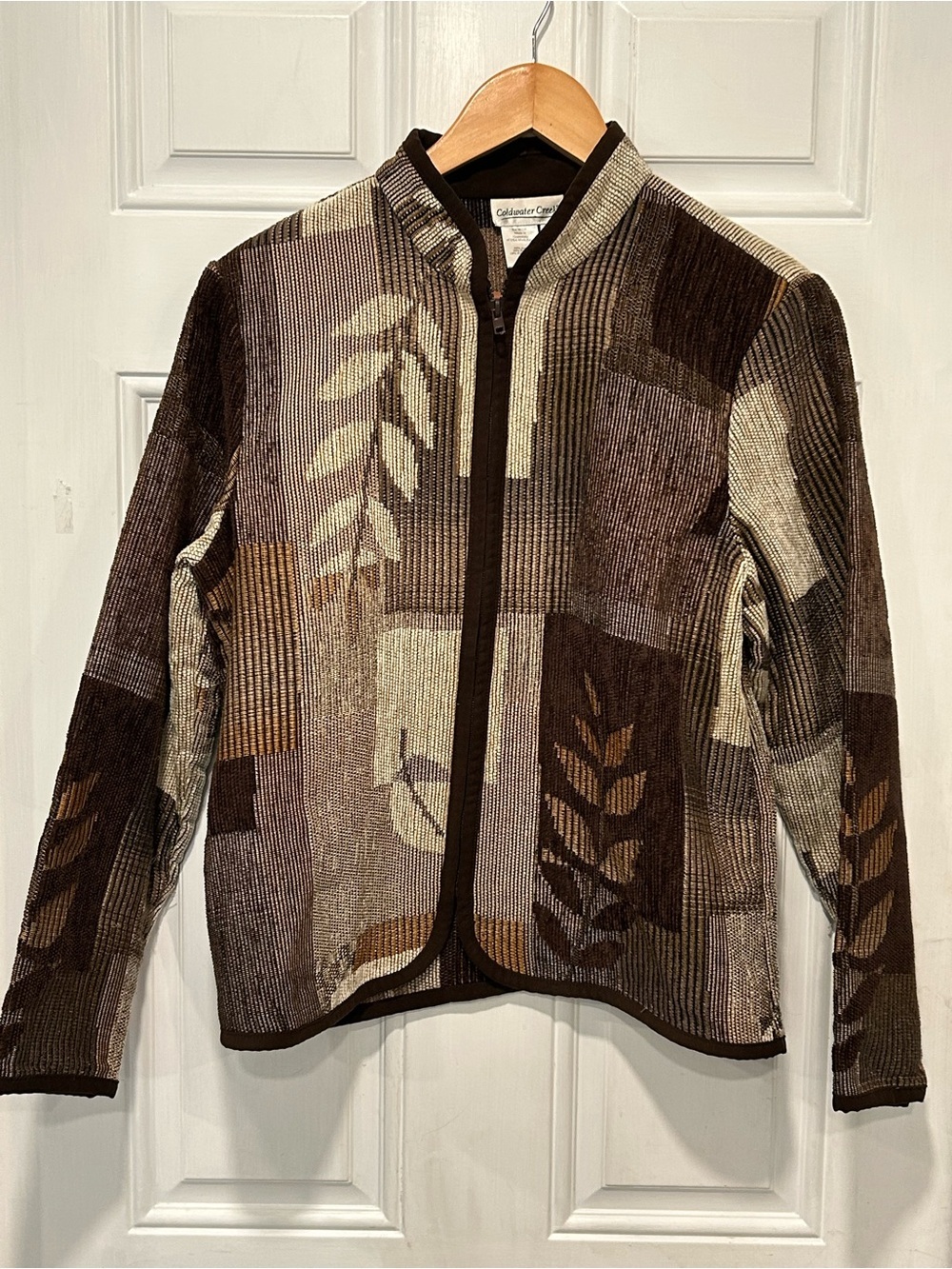 Vintage Coldwater Creek Earthtone Leaf Patchwork Zip Jacket Petite Medium (PM)
